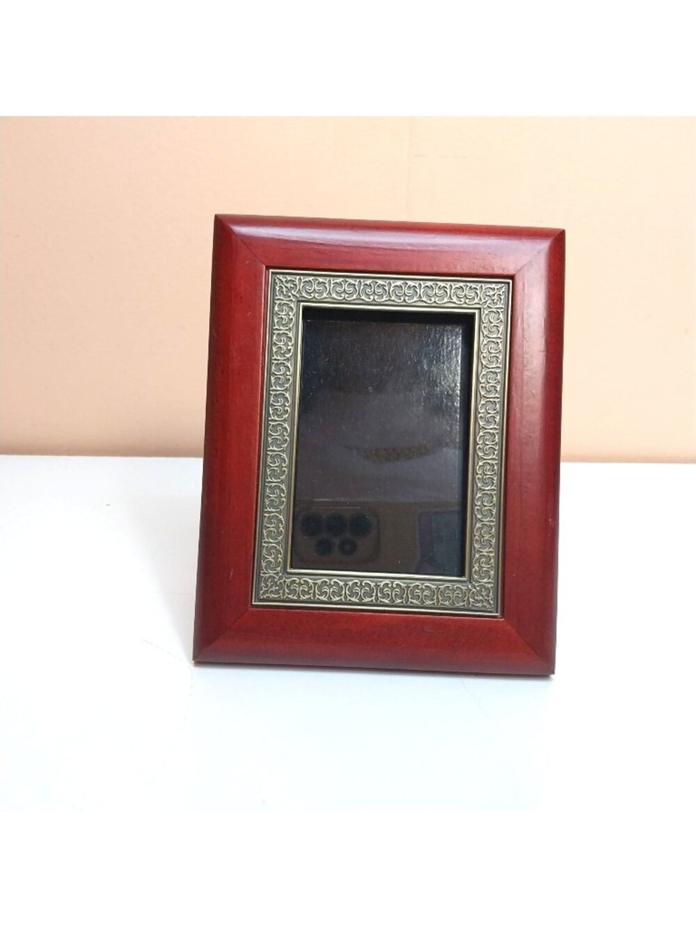 Small Vintage Wood & Metal Photo Frame Ornate Velvet Back